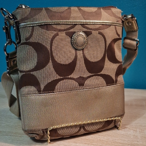 Coach Handbags - Coach Signature Brown and Tan Shoulder Bag With Gold Trim